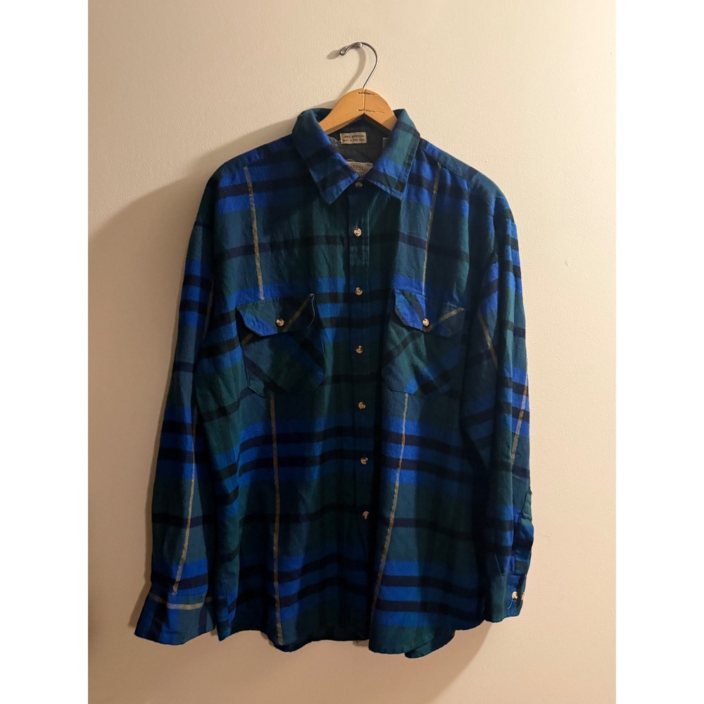 Vintage Saugatuck Dry Goods Plaid Flannel Shirt XL Blue Green Acrylic 80s 90s